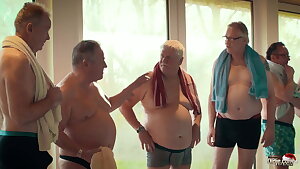 Old vs young gang-fuck - teen gets fucked by a bunch of grandpas