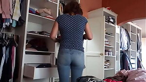 58-year-old Latin step mother exhibits herself in front of her friend's son to see her huge cock jerking off, cum on bootie