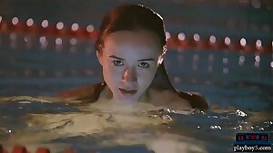 Petite teenager hottie Vi Shy skinny dips in a pool late night